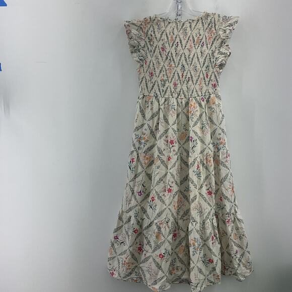 Karlie Women's Tan Flared Prairie Style Floral Print Midi A-Line Dress Size M - Picture 2 of 4